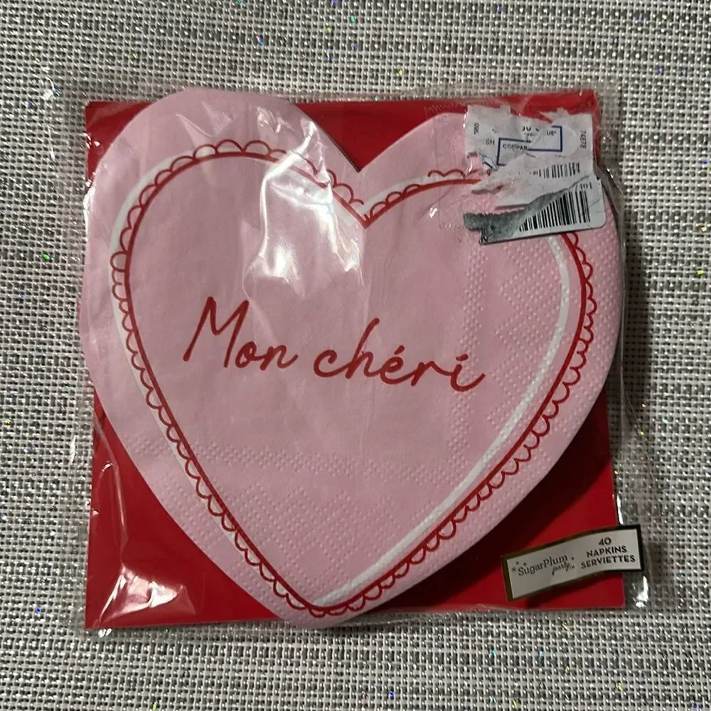 Pink Red White Mon Cheri Valentines Heart Shaped Paper Napkins Pack of 40 3-ply